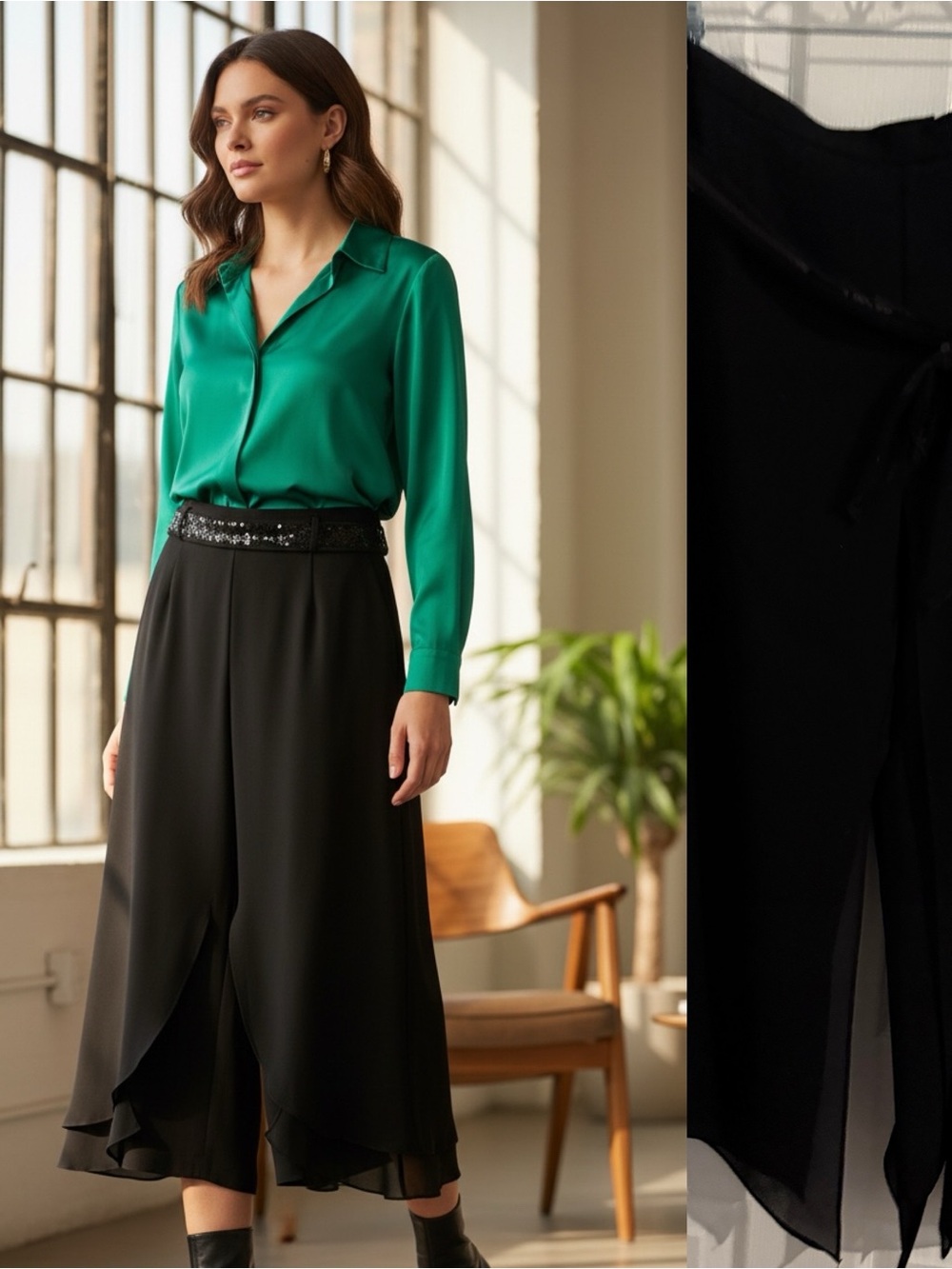 Dressbarn Collection Black Sequin Waist Chiffon Overlay Wide Leg Pants Size 10 M